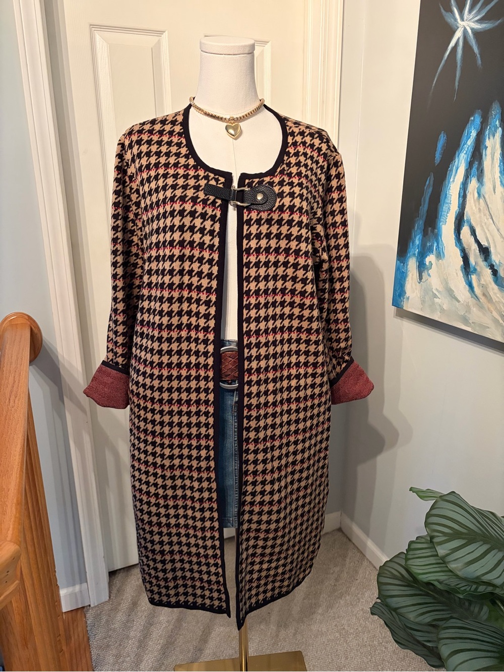 Anne Klein Black & Tan Houndstooth Long Cardigan with Rust Accents